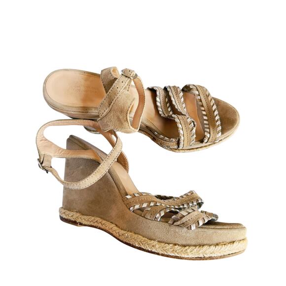 Comptoir des Cotonniers Suede Wedge Strappy Sandal Boho Beige Silver 7.5 Boho - Picture 3 of 9
